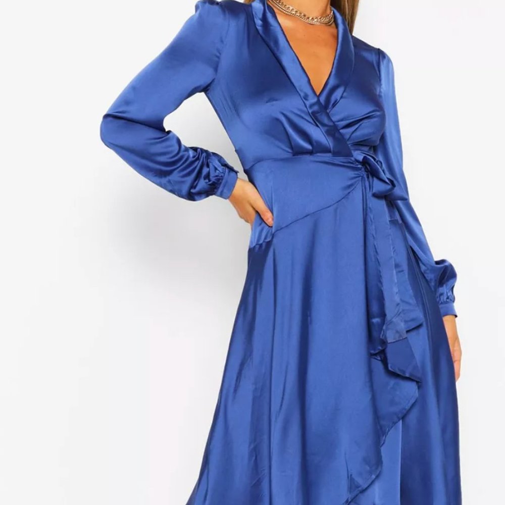 Boohoo Blue Satin Midi Dress w/ ruffle
